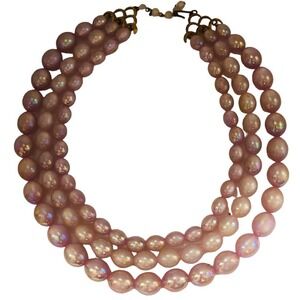 Mid Century 3 Strand Pastel Pink Moonglow Lucite Bow Necklace Graduated Beads